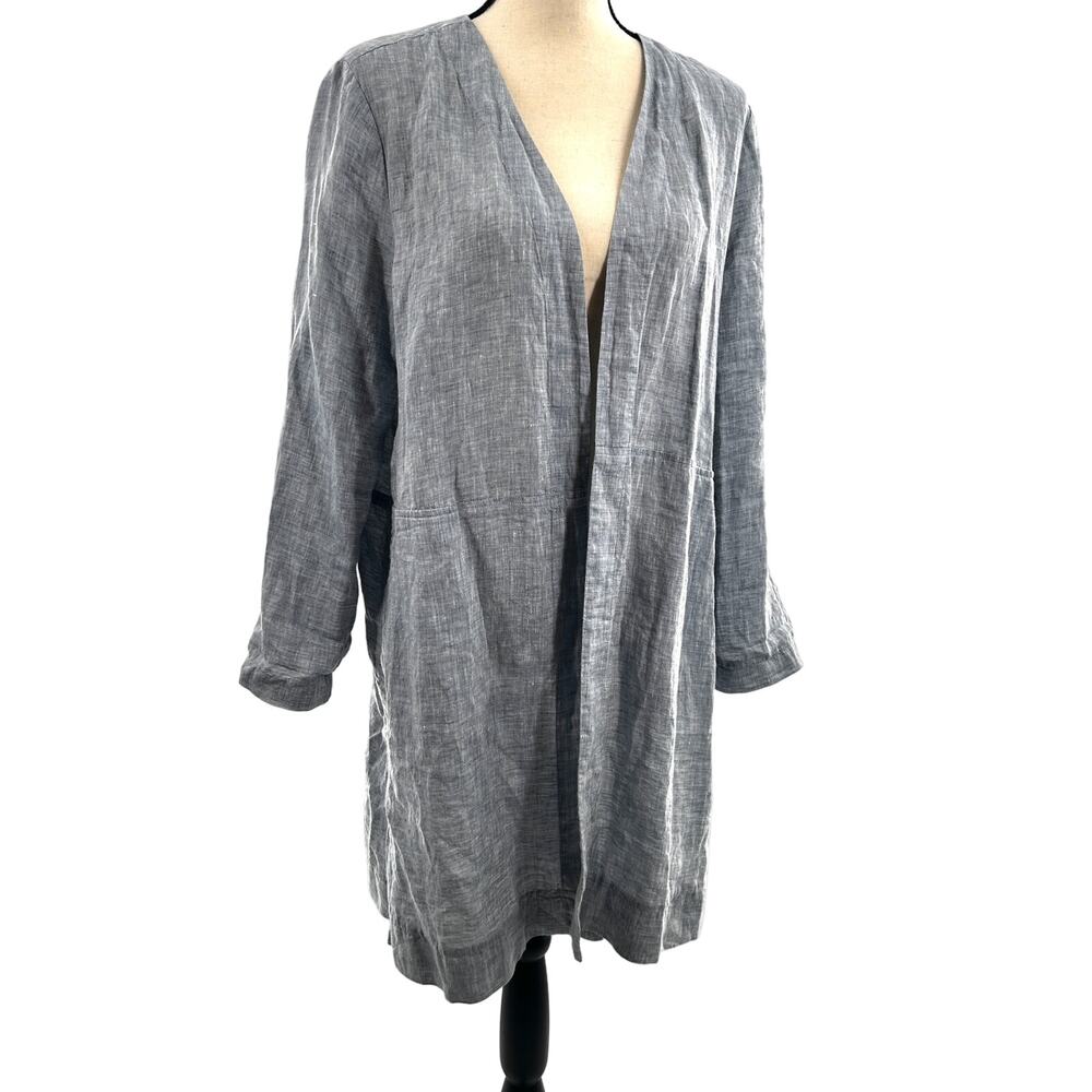 Eileen Fisher Organic Linen Chambray Jacket M Blue Open Front Lagenlook Coastal